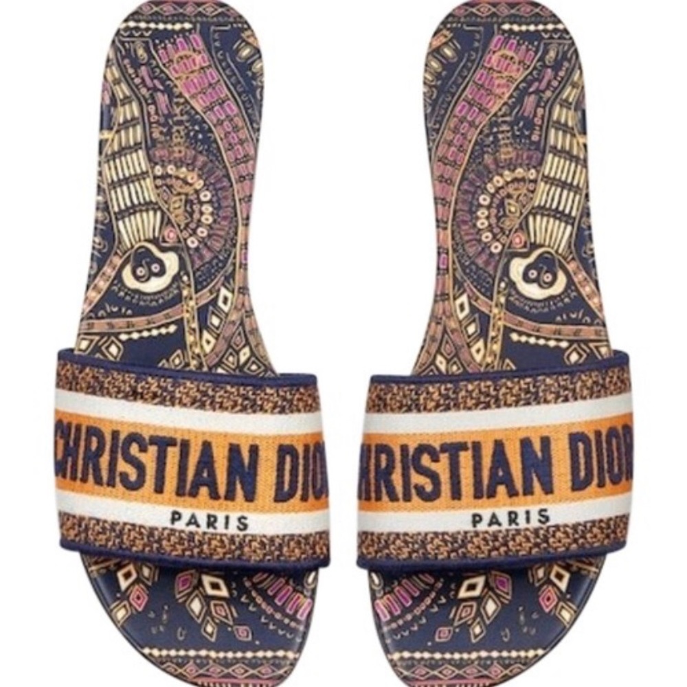 SOLD! DIOR Dway Embroidered Cotton Slide Sandals